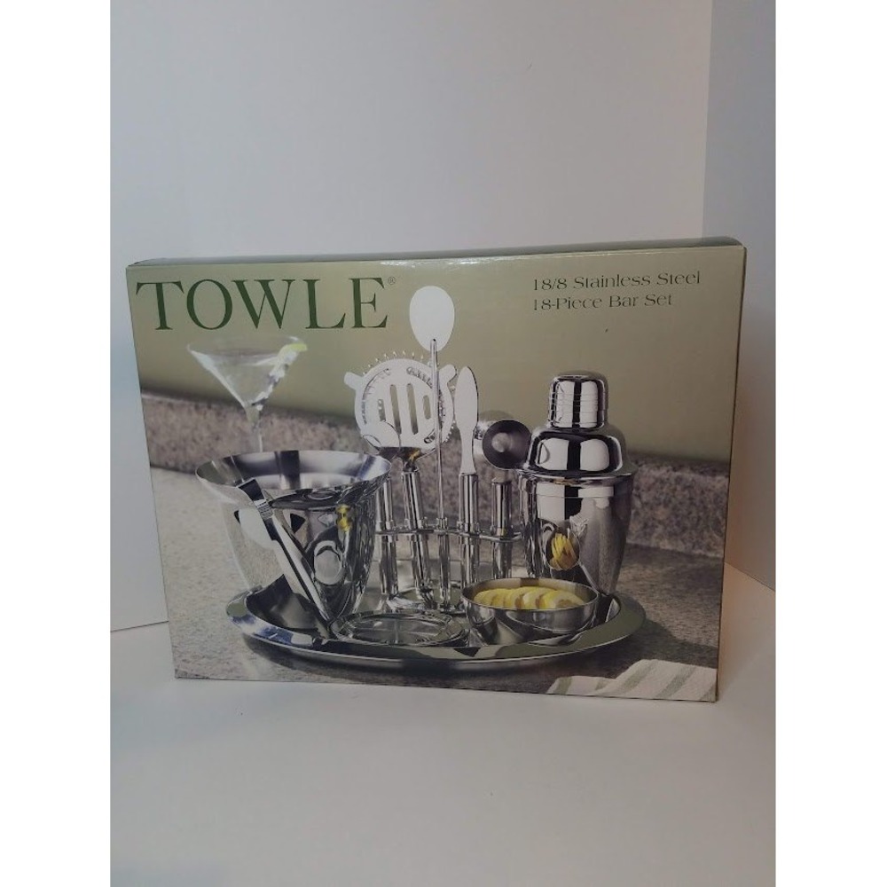 Towle 18/8 Stainless Steel 18-Piece Bar Set Shaker Ice Bucket Tray Coasters NEW